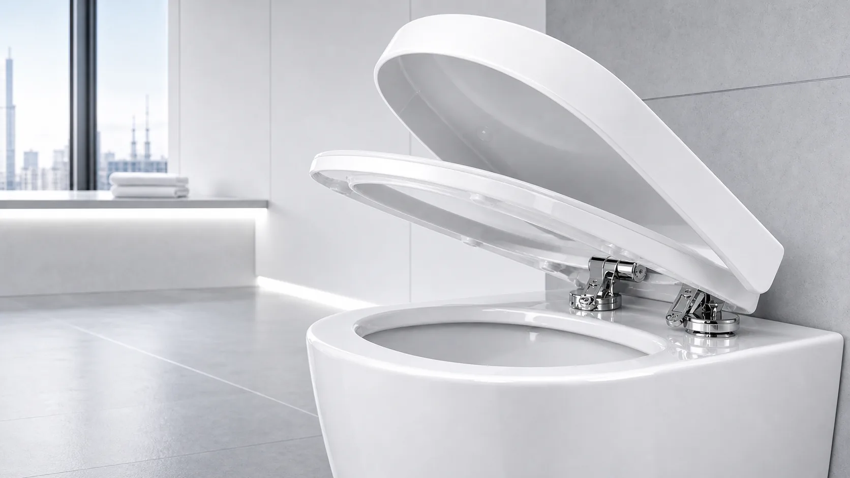 Toilet equipped with polished SANIPIVOT soft-close hinges