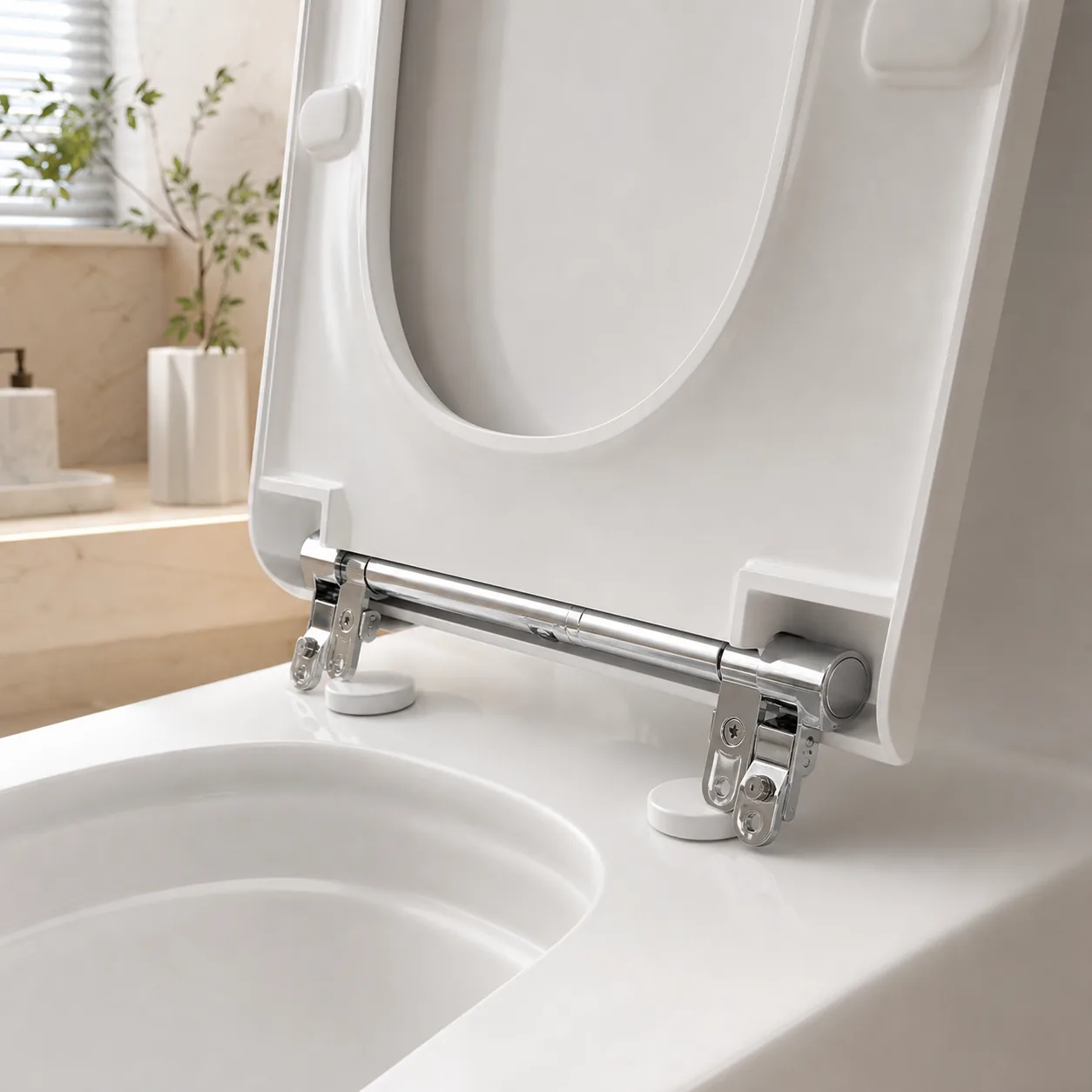 Quick-release hinge used in a bathroom application